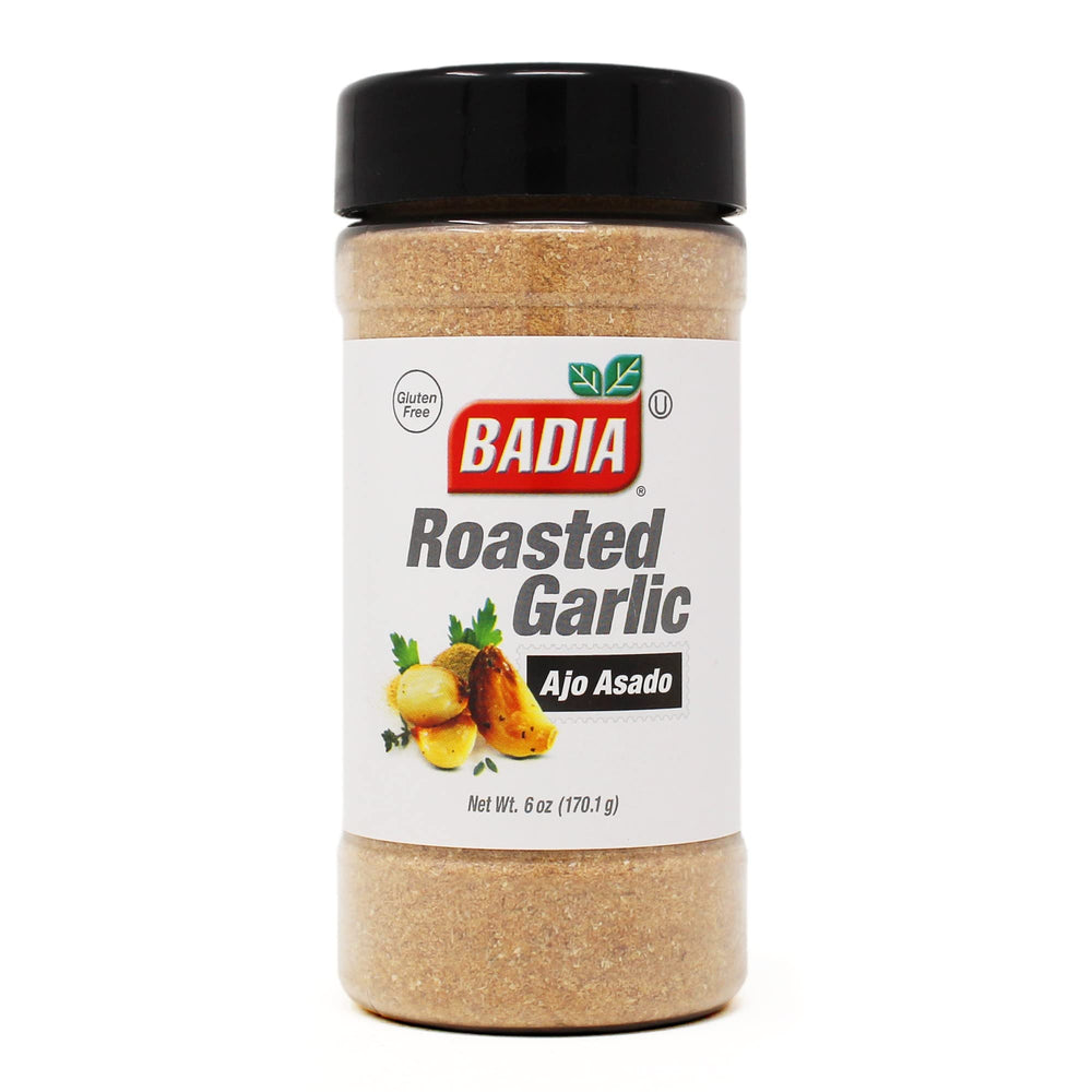 Badia Garlic Roasted spice jar adds rich garlic flavor to vegetables and meats.