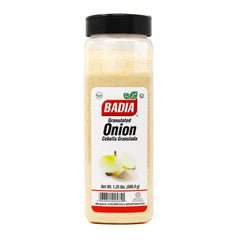 Badia granulated onion 20oz container provides quick, consistent flavor for everyday cooking.