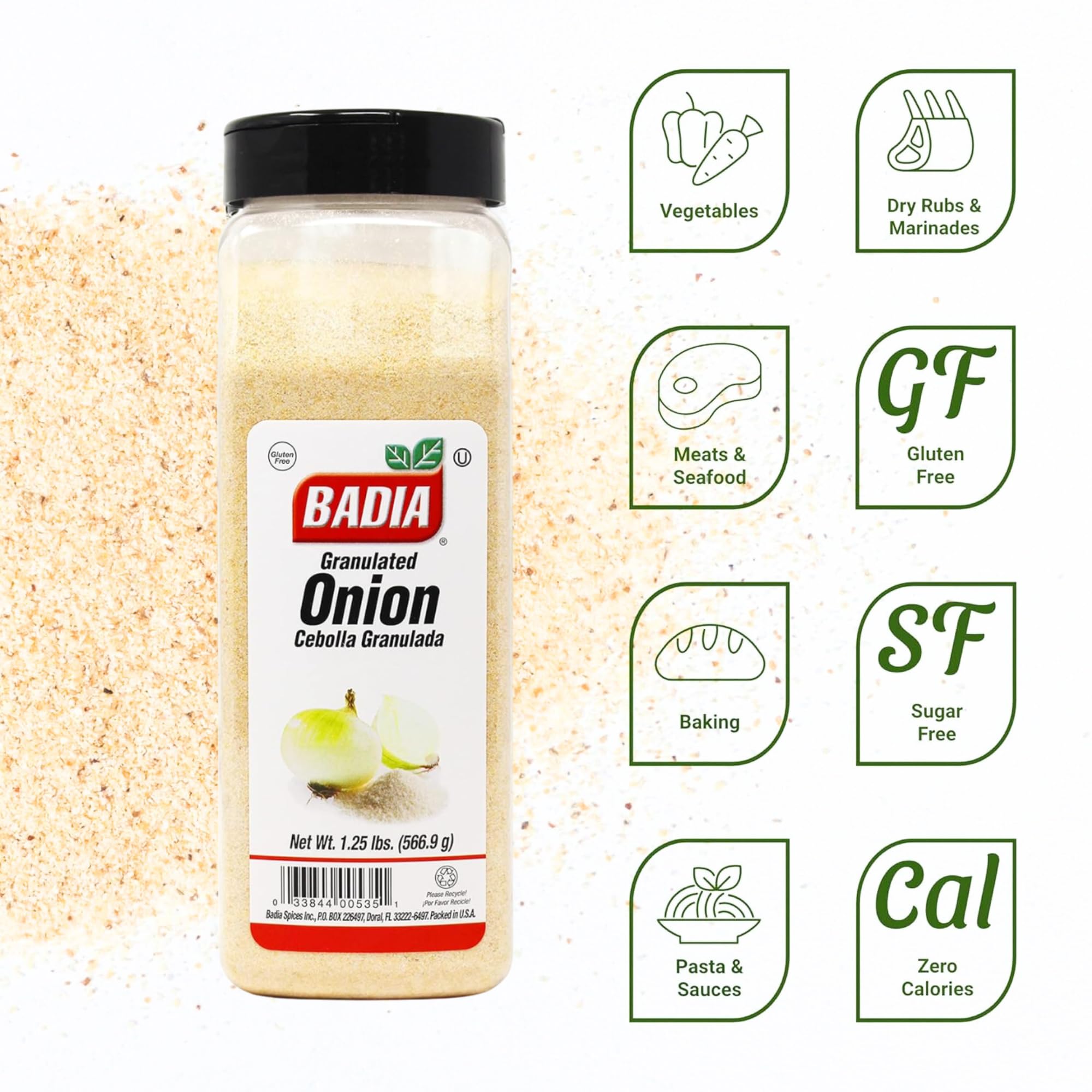Badia granulated onion pour-dispense image shows fast, measured flavor release.