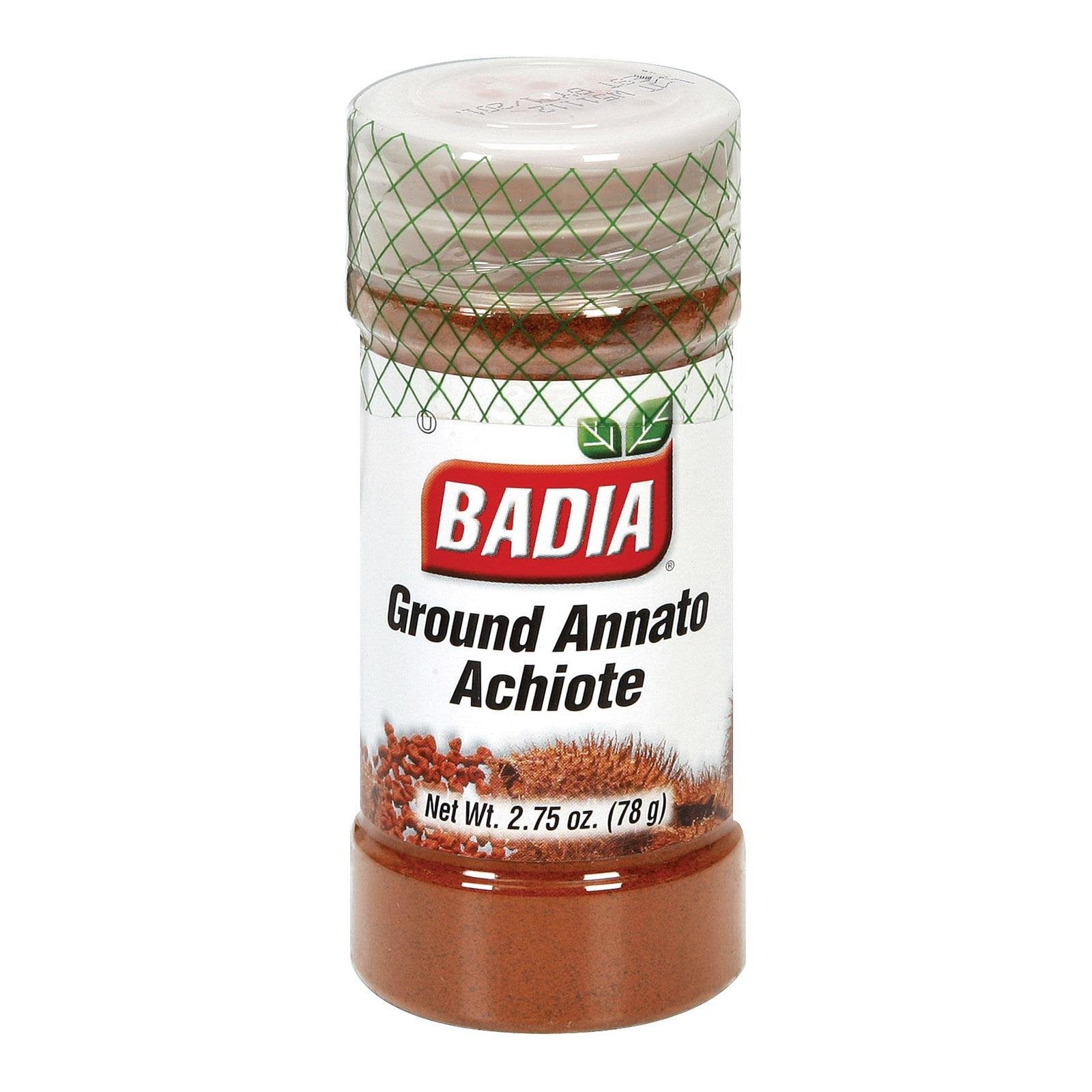 Badia Ground Annatto Seed bottle pour adds vibrant color to rice and chicken dishes.