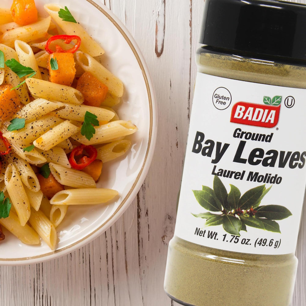 Badia ground bay leaves dusting spoon shows easy, even distribution.