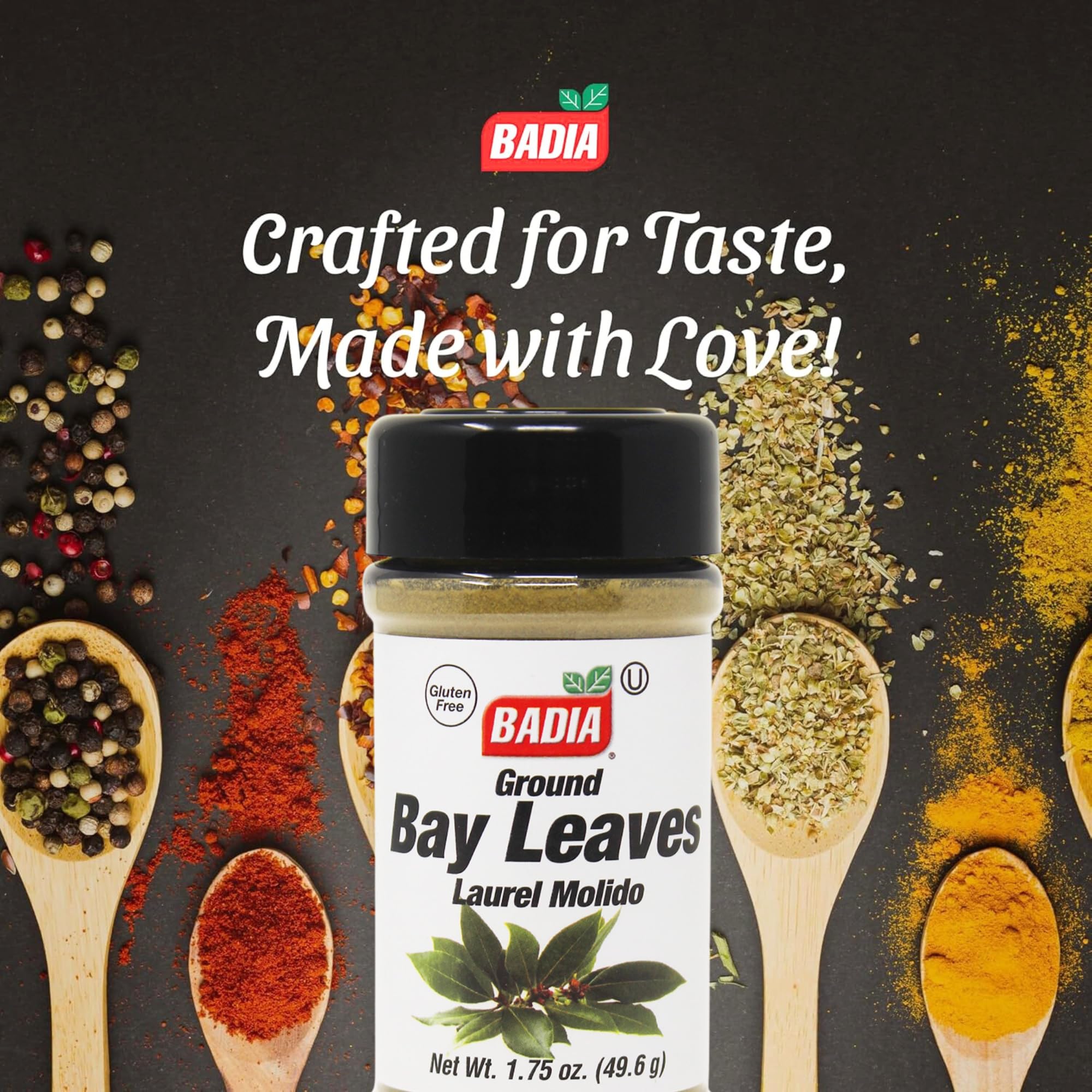 Badia ground bay leaves jar used to season marinades and hearty rice dishes.