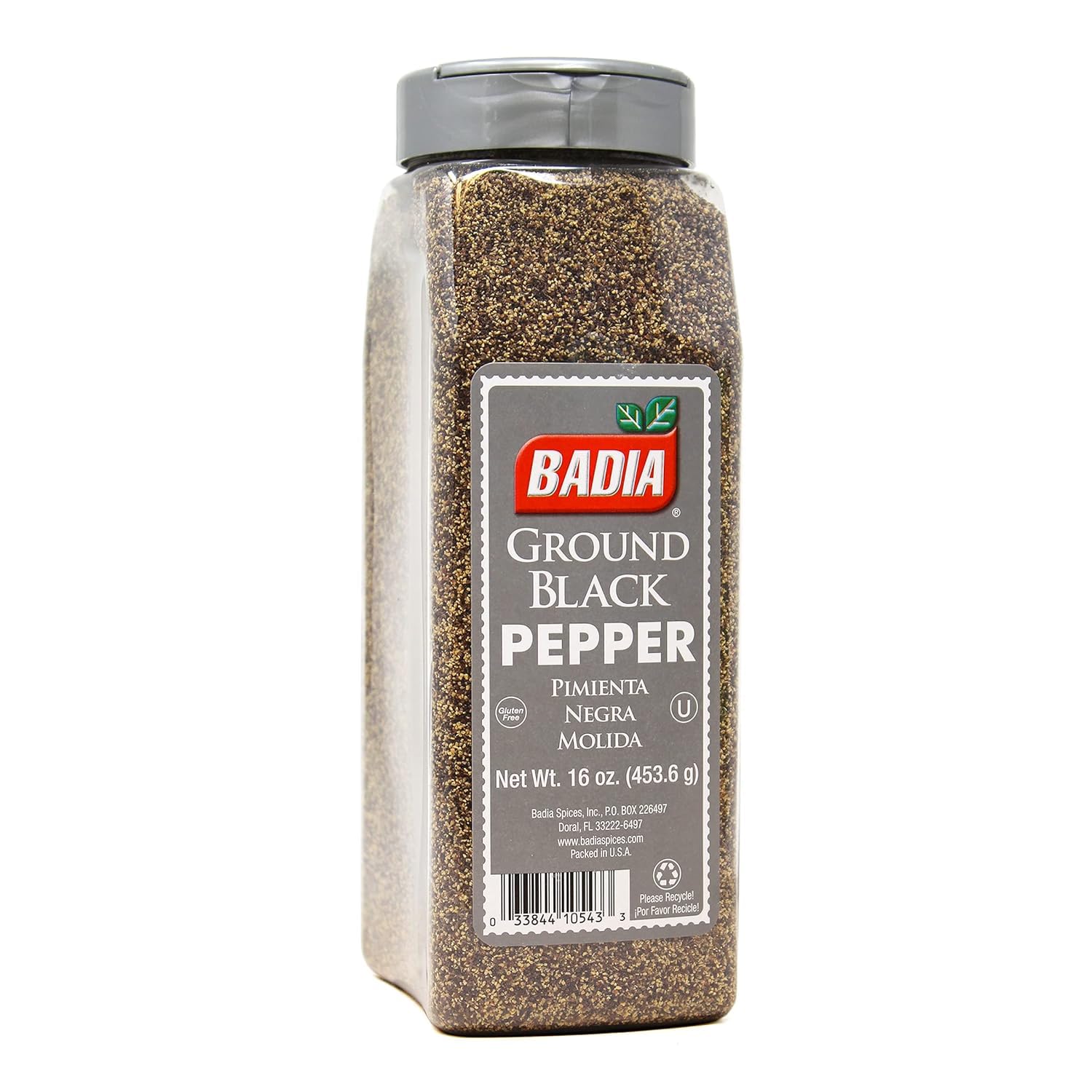 Badia Ground Black Pepper 16oz bottle front for rich aroma and everyday seasoning.