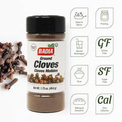 Badia ground cloves closeup aroma emphasizes warm spice for mulled drinks.