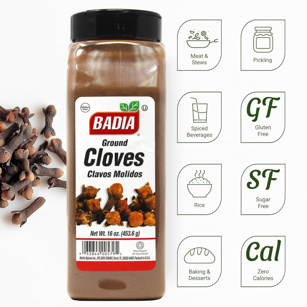 Badia ground cloves powder dust emphasizes aromatic grind for curries and chai.