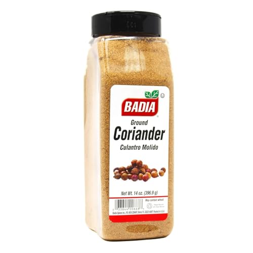 Close-up of Badia ground coriander bottle pour for flavorful seasoning
