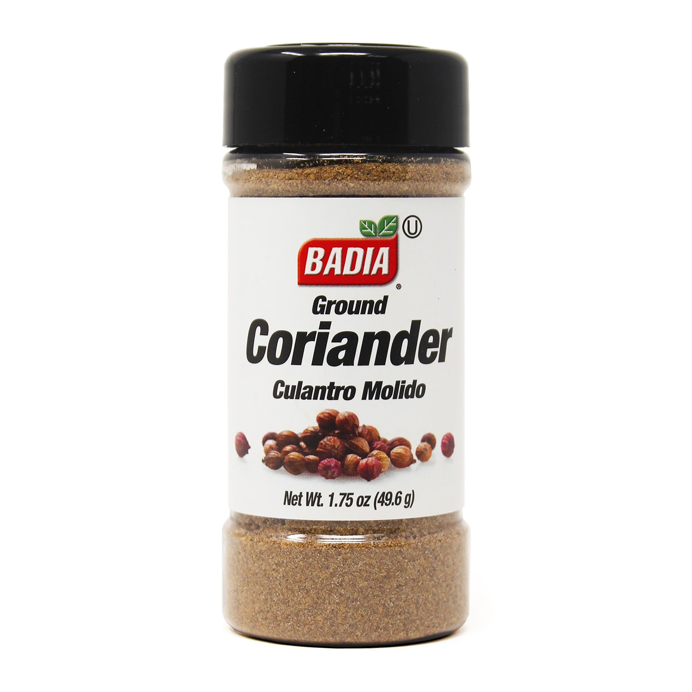 Badia Ground Coriander jar close-up; vibrant powder for curries and sauces.