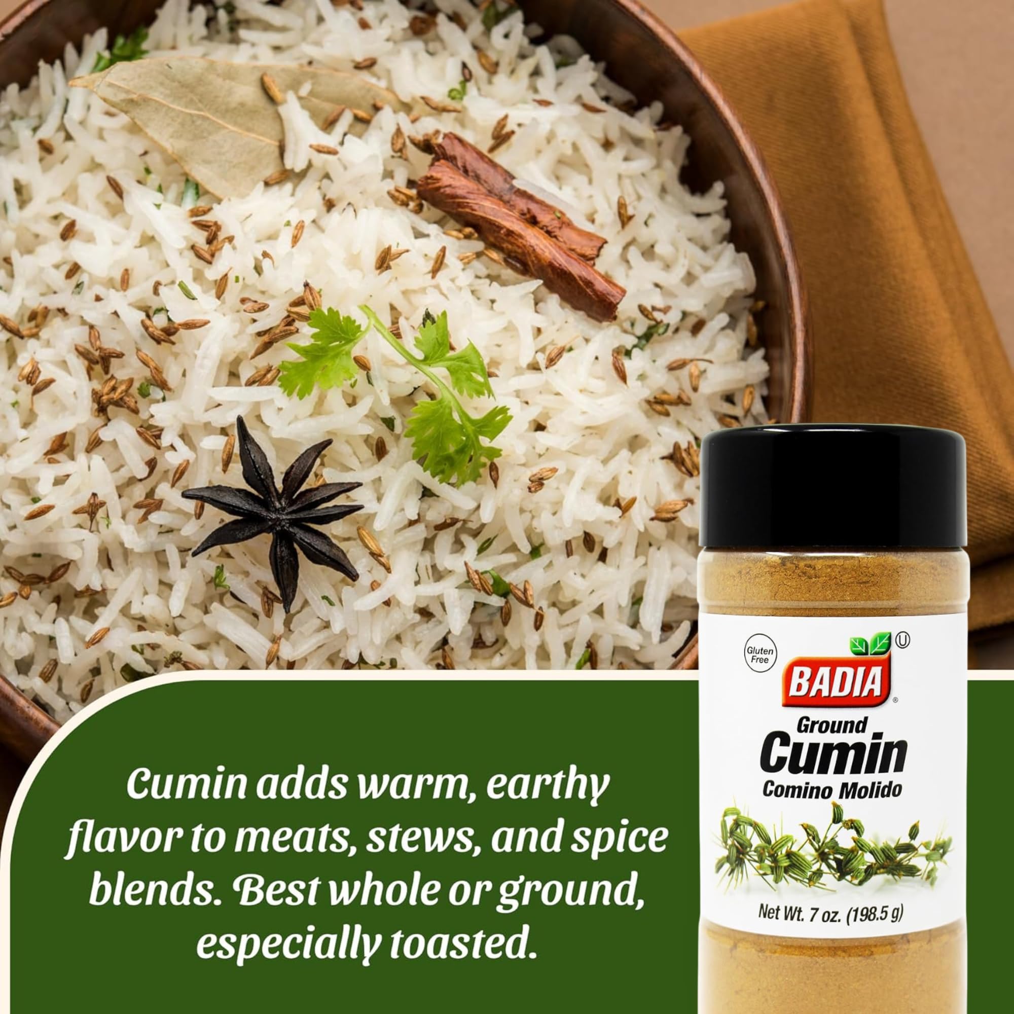 Badia ground cumin jar on kitchen counter with recipe card for Mexican dishes