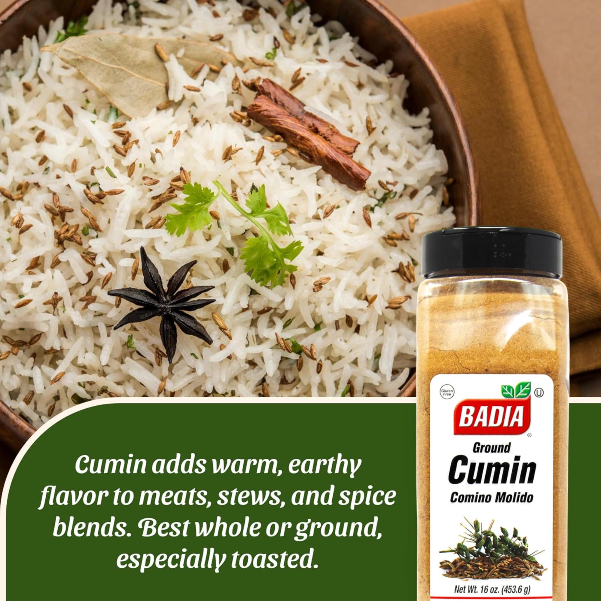 Badia ground cumin powder in a bowl ready to enrich sauces.