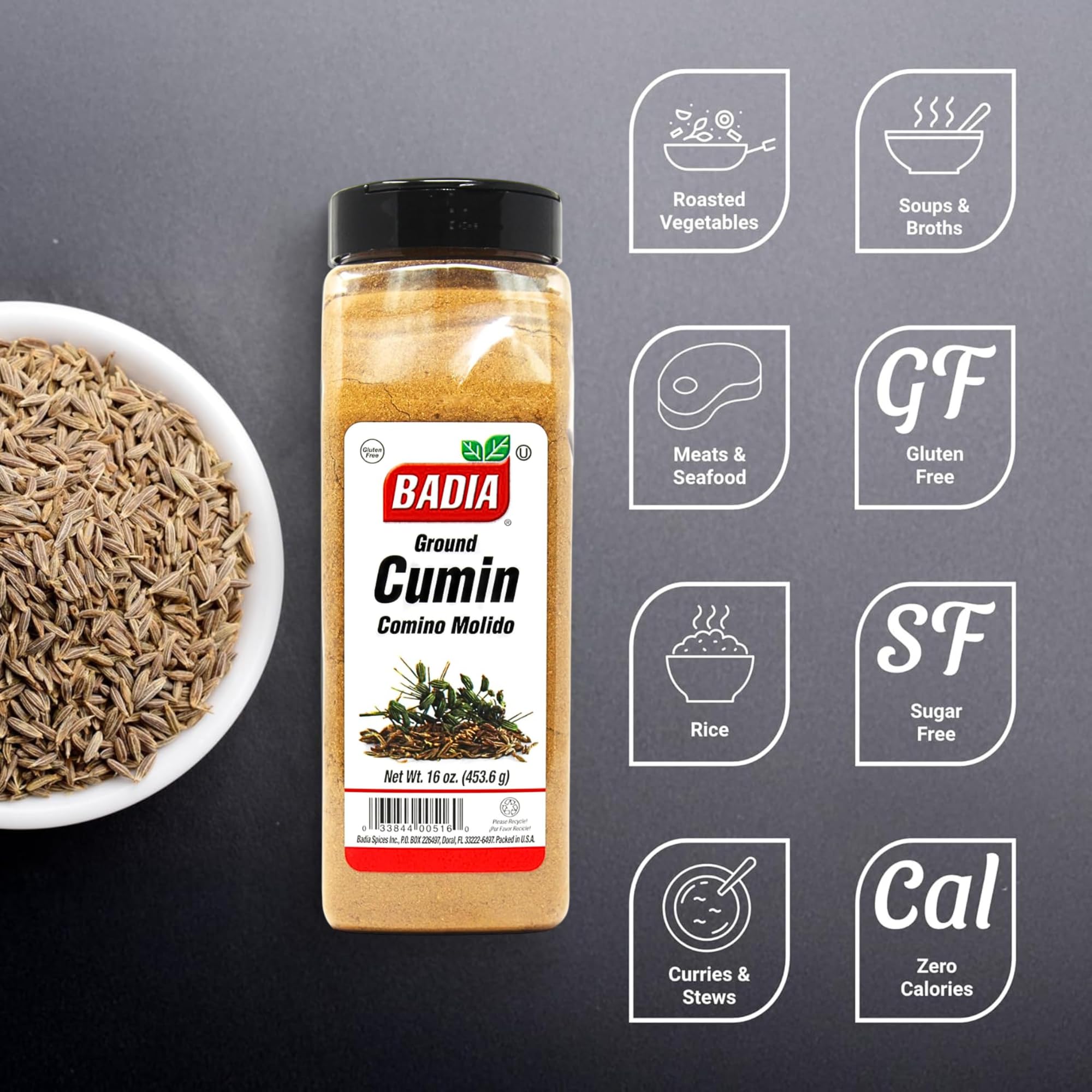 Badia ground cumin powder jar on shelf in a pantry.
