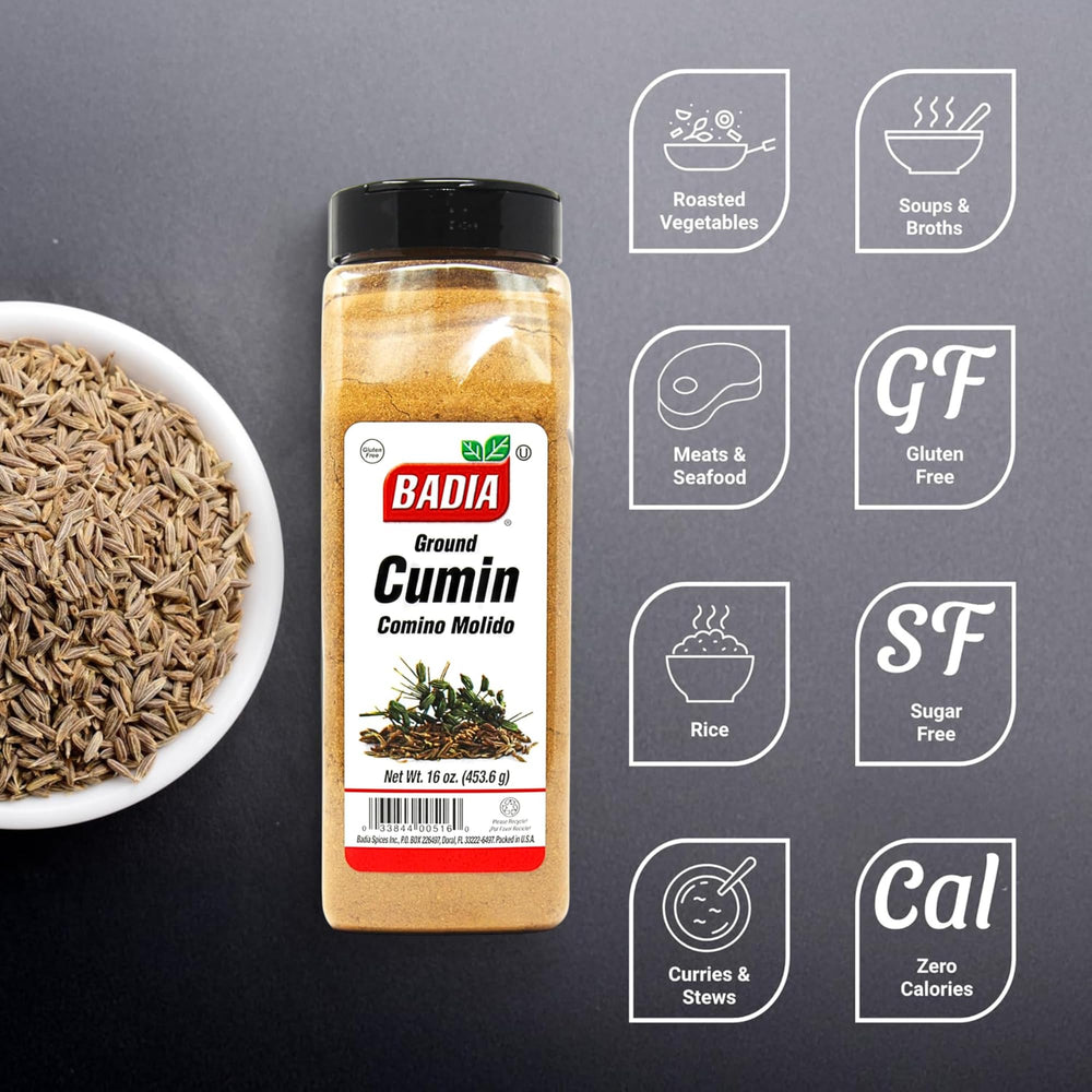 Badia ground cumin powder jar on shelf in a pantry.
