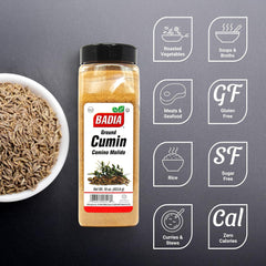 Badia ground cumin powder jar on shelf in a pantry.