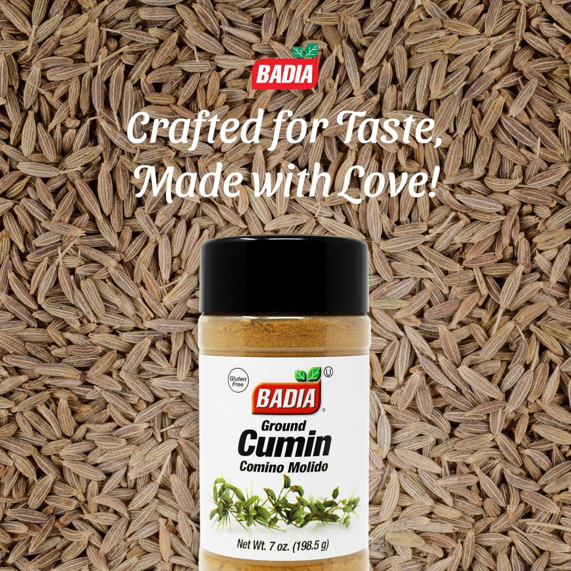 Badia ground cumin in spice rack with garam masala and chili powder