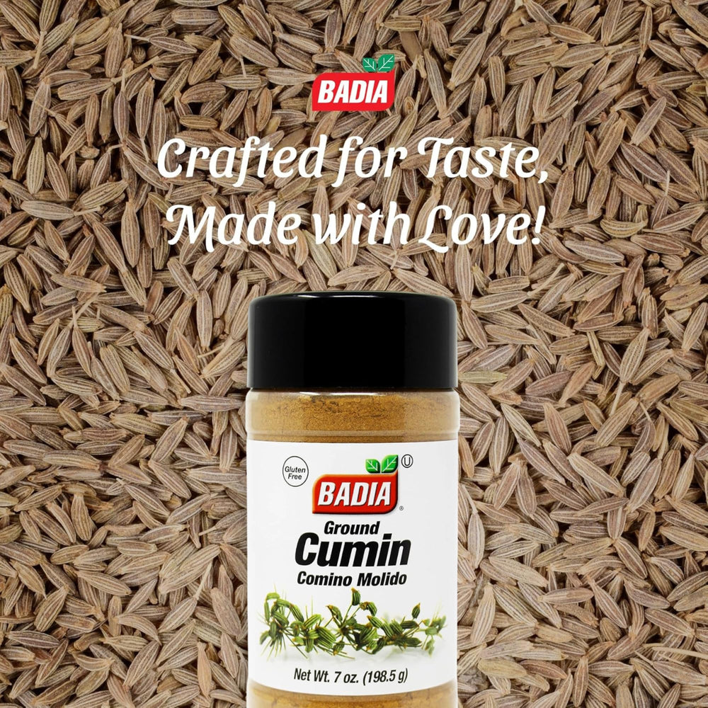 Badia ground cumin in spice rack with garam masala and chili powder