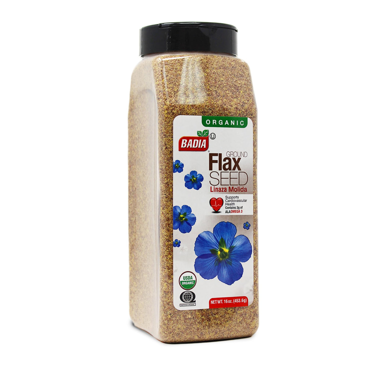 Badia ground flax seed 16oz bag ready for baking.