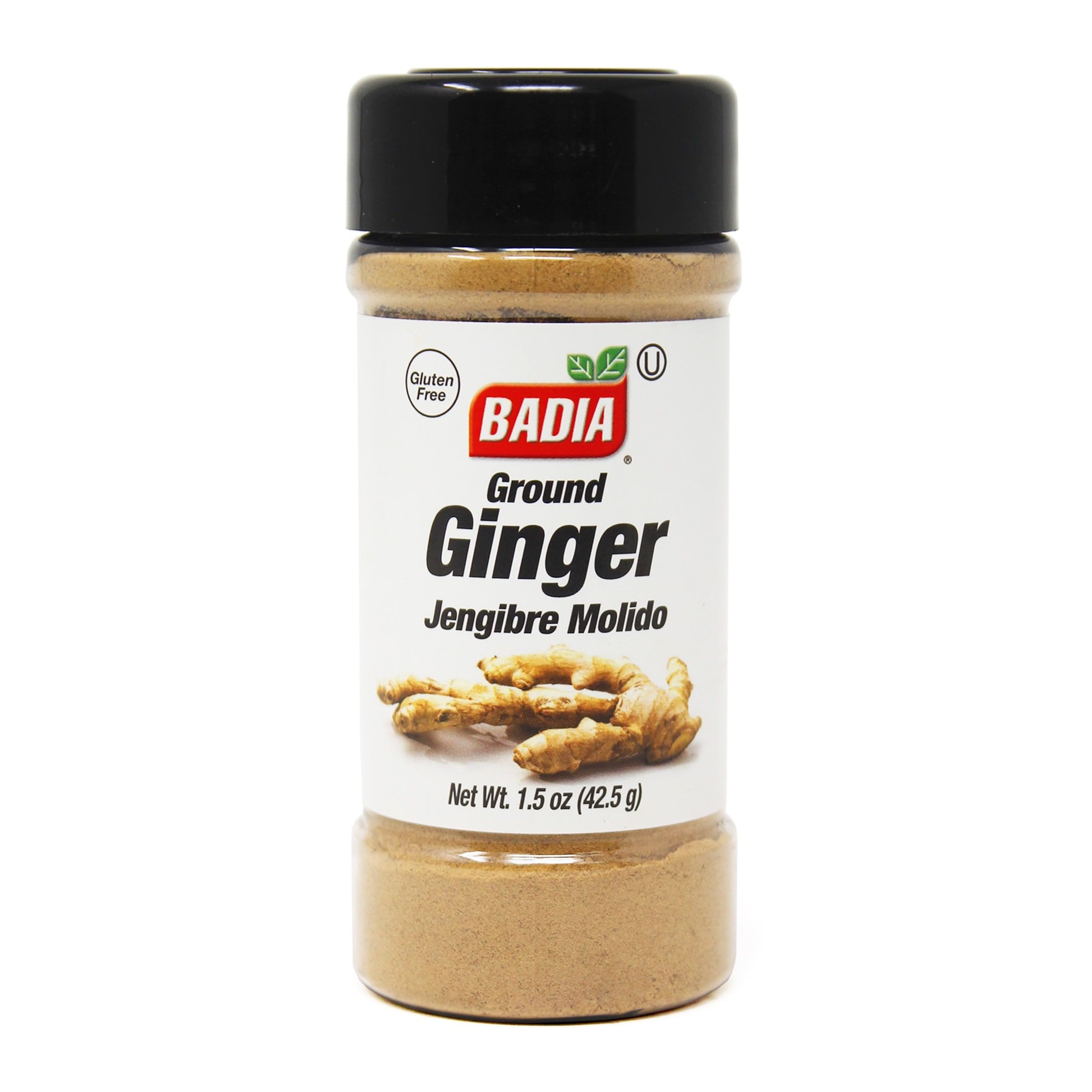 Badia ground ginger powder bottle enhances cooking with warm, aromatic flavor.
