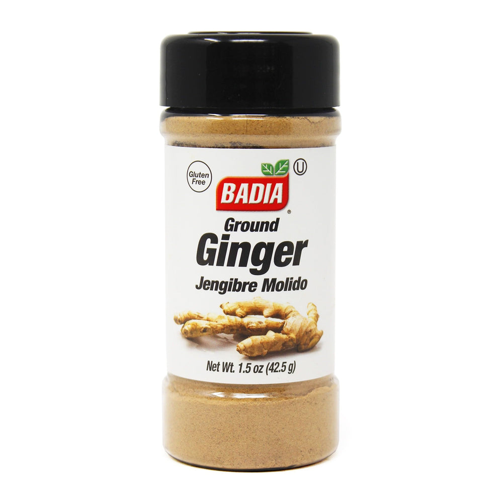 Badia ground ginger powder bottle enhances cooking with warm, aromatic flavor.