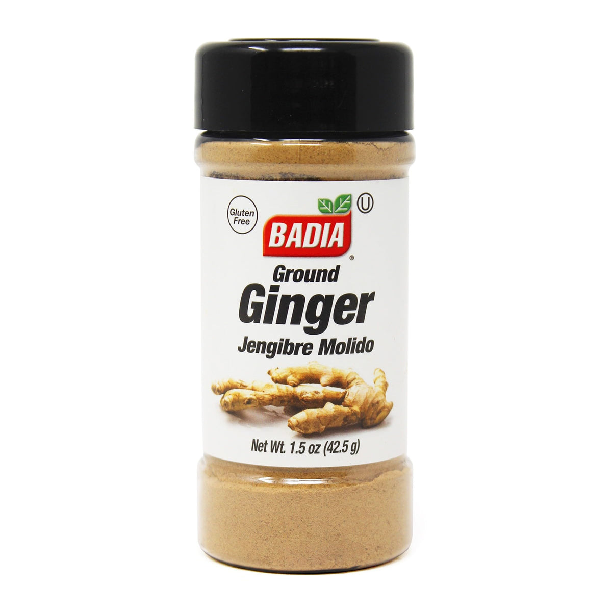 Badia ground ginger powder bottle enhances cooking with warm, aromatic flavor.