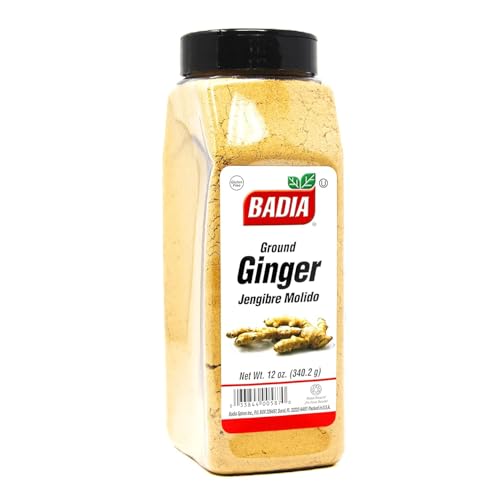 Close-up of Badia ground ginger powder texture showing fine orange-brown granules.