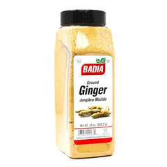 Close-up of Badia ground ginger powder texture showing fine orange-brown granules.