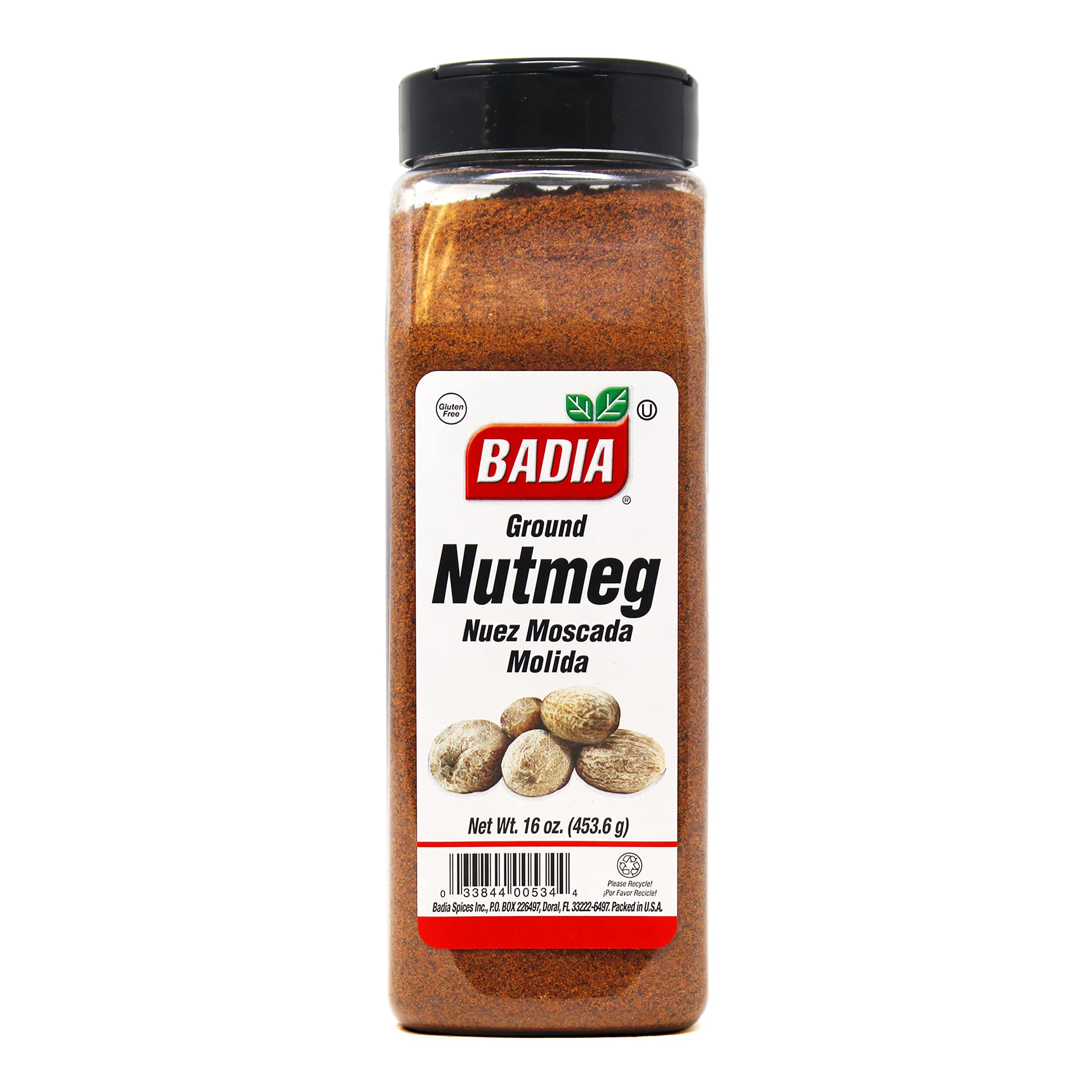 Badia ground nutmeg 16oz bottle with label, adding warm aroma to cookies and beverages.