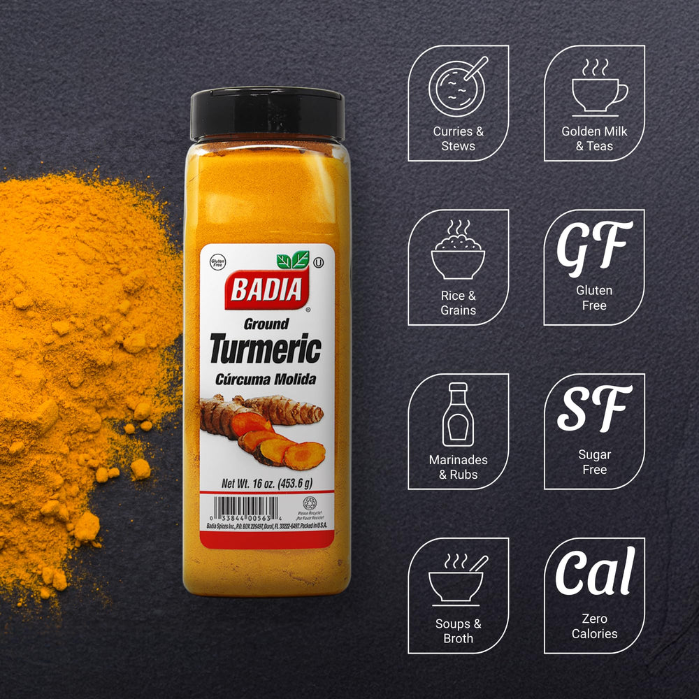 Badia turmeric powder texture closeup shows vibrant golden color for rich dishes.