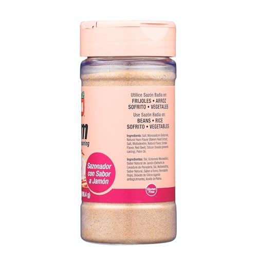 Badia Ham Seasoning being sprinkled as a dry rub for beans and rice.