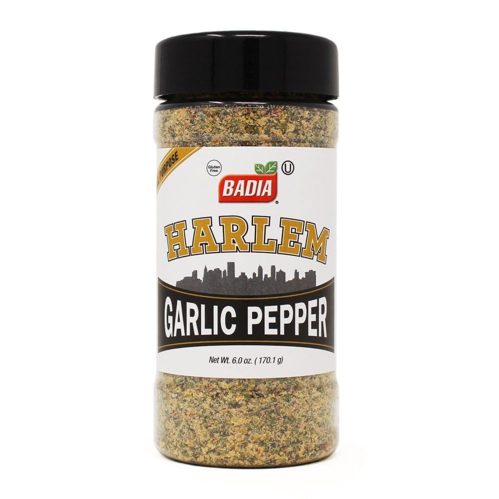 Badia Harlem Garlic Pepper seasoning bottle on counter adds bold aroma to chicken and beef