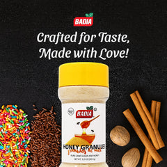 Badia Honey Granules jar-label-closeup highlighting premium aroma ideal for coffee and tea.