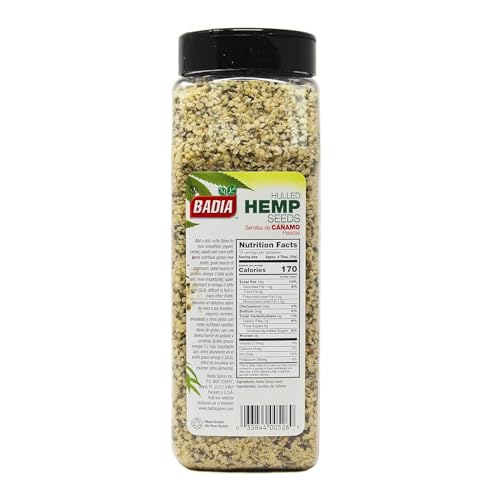 Badia hulled hemp seeds on spoon showing nutty texture.