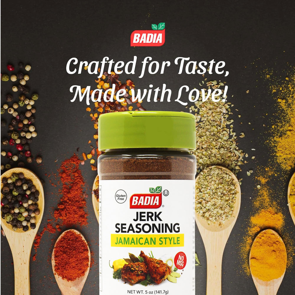 Badia Jerk Seasoning Jamaican Style jar close-up with rich spices for marinating
