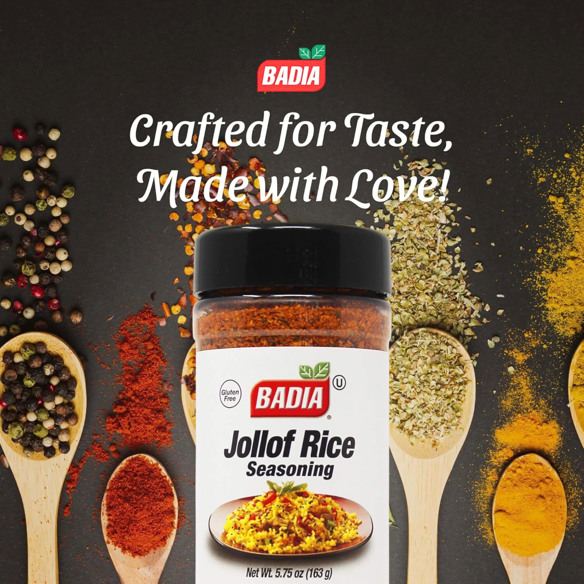 Badia Jollof Rice Seasoning on the counter, easy spice dispense during cooking.