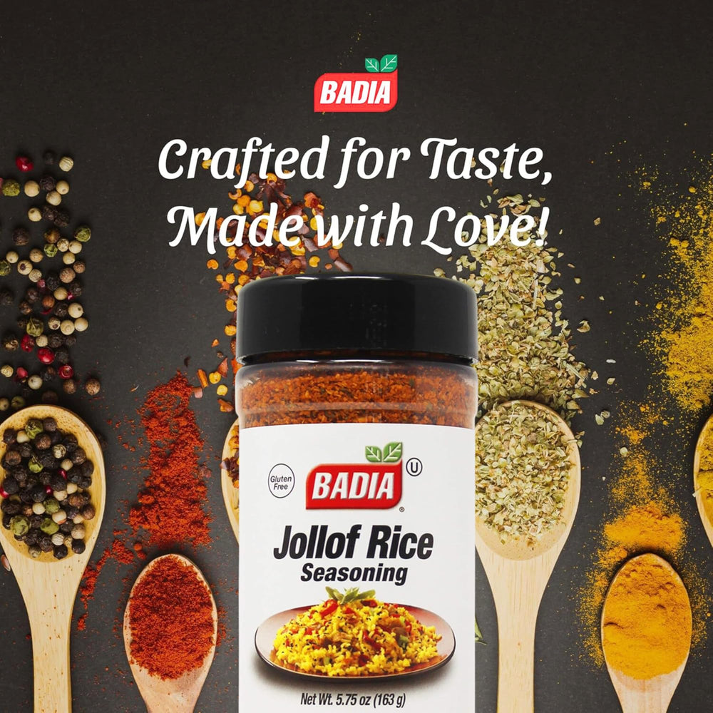 Badia Jollof Rice Seasoning on the counter, easy spice dispense during cooking.