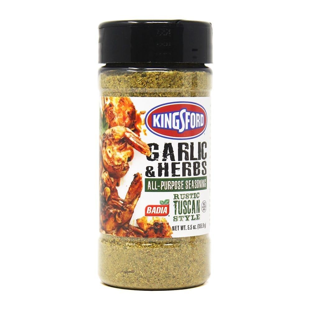 Badia Kingsford Garlic and Herbs seasoning jar front showcases rustic Tuscan blend for grilling and roasting.