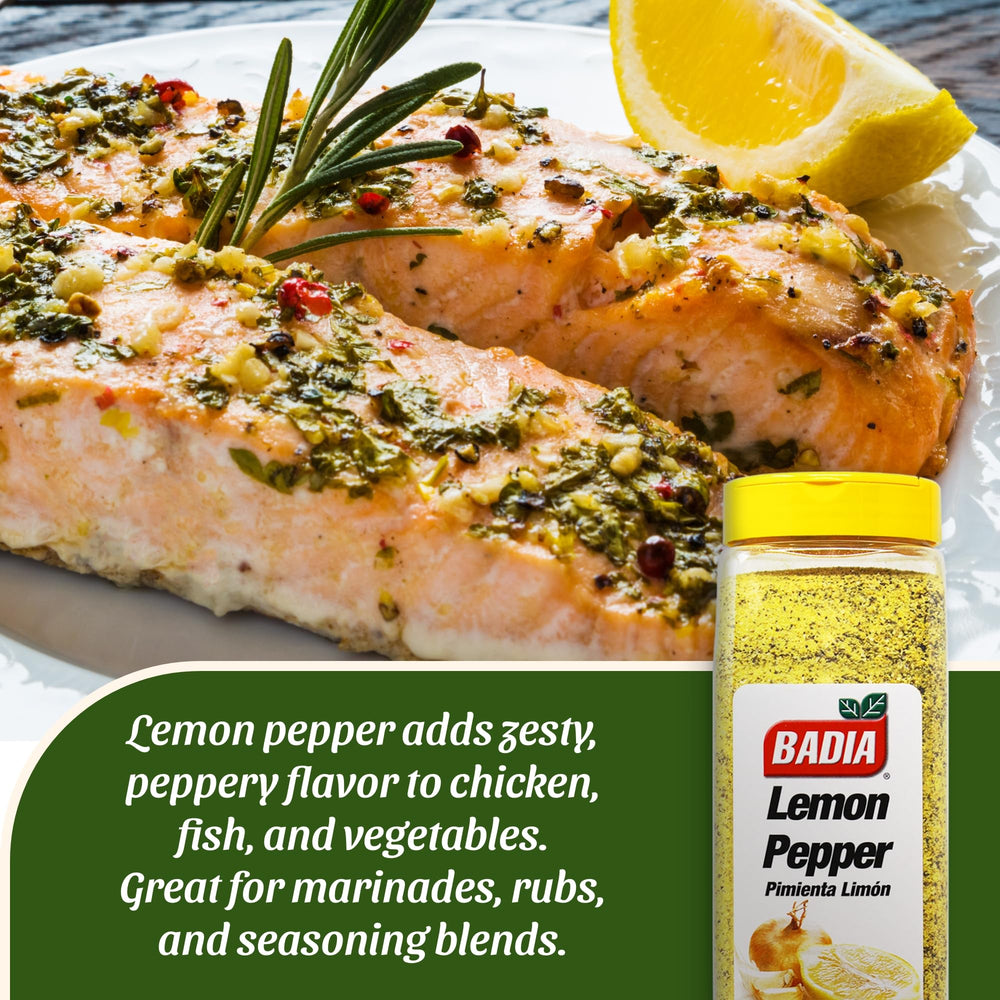 Badia Lemon Pepper Seasoning on a baking dish with fish and vegetables for flavor.