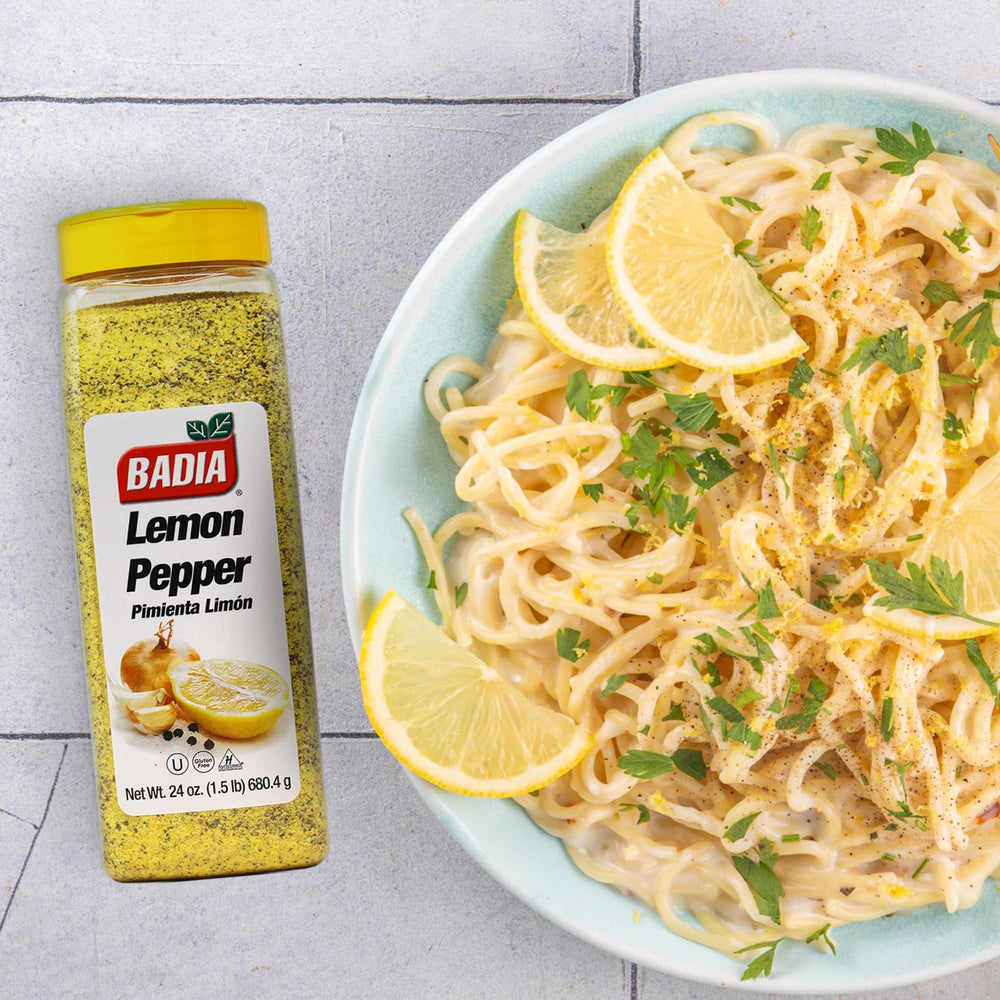Badia Lemon Pepper Seasoning close-up highlighting garlic, onion, and lemon zest.