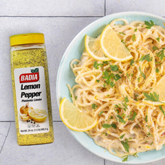 Badia Lemon Pepper Seasoning close-up highlighting garlic, onion, and lemon zest.