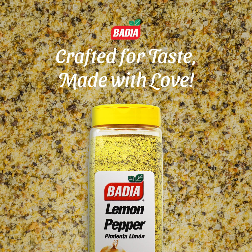 Badia Lemon Pepper Seasoning on a pantry shelf display for easy flavor access.