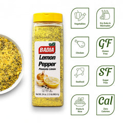 Badia Lemon Pepper Seasoning sprinkled on grilled chicken for a bright citrus kick.