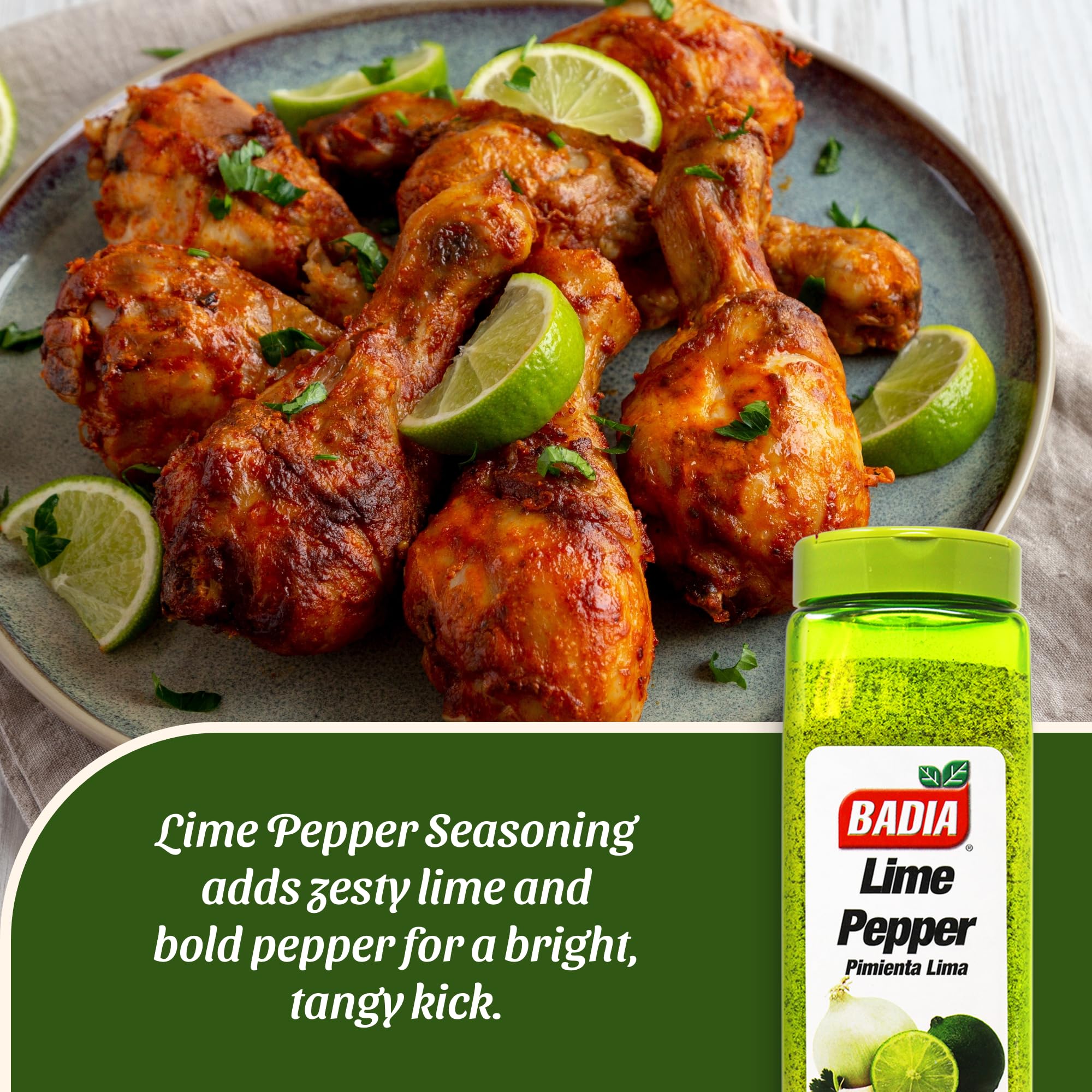 Badia Lime Pepper jar highlights lime zest and gourmet flavor.