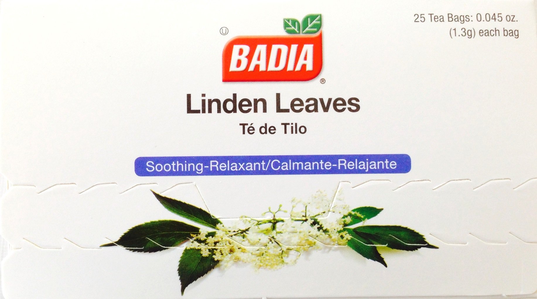 Badia Linden Leaves Tea box labels highlight caffeine-free, soothing notes