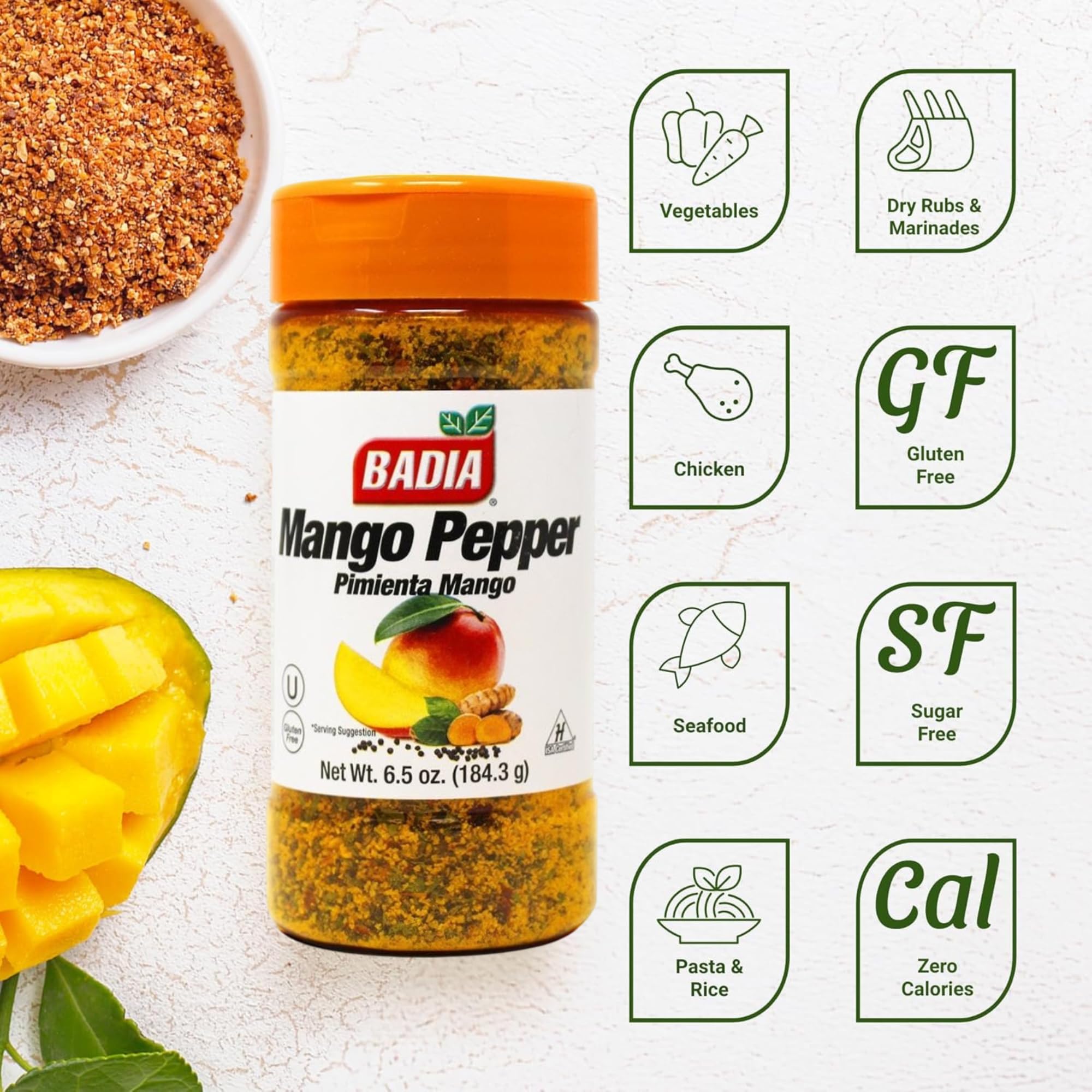 Badia Mango Pepper Seasoning used as grill rub for flavorful chicken and seafood.