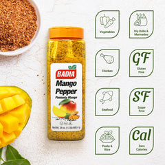 Badia Mango Pepper Seasoning jar closeup on mango-pepper grains.
