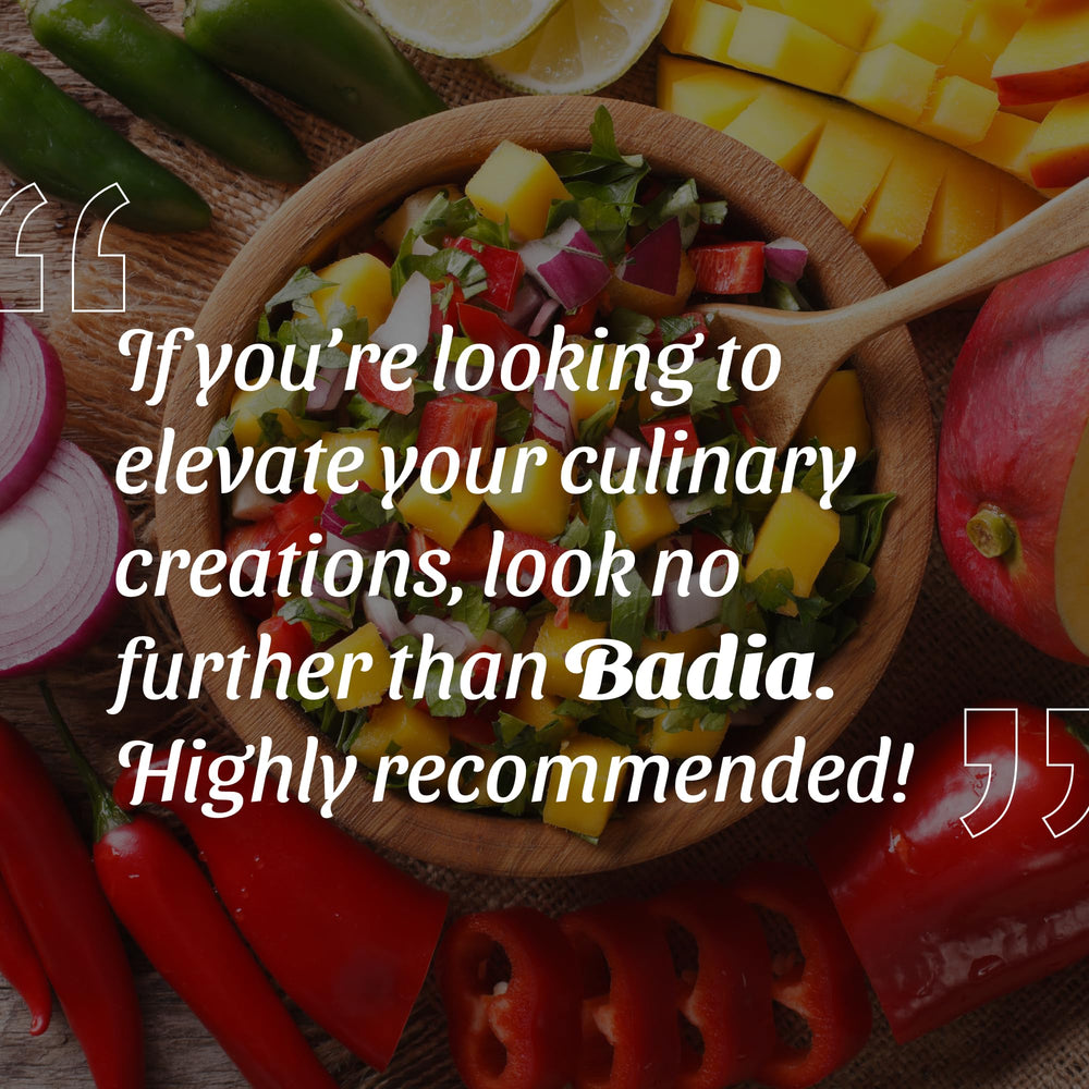 Badia Mango Pepper Seasoning beside grilled seafood skewers.