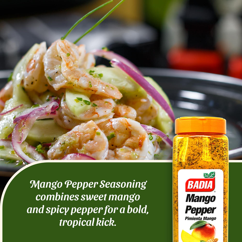 Badia Mango Pepper Seasoning on a tropical salad ready to serve.