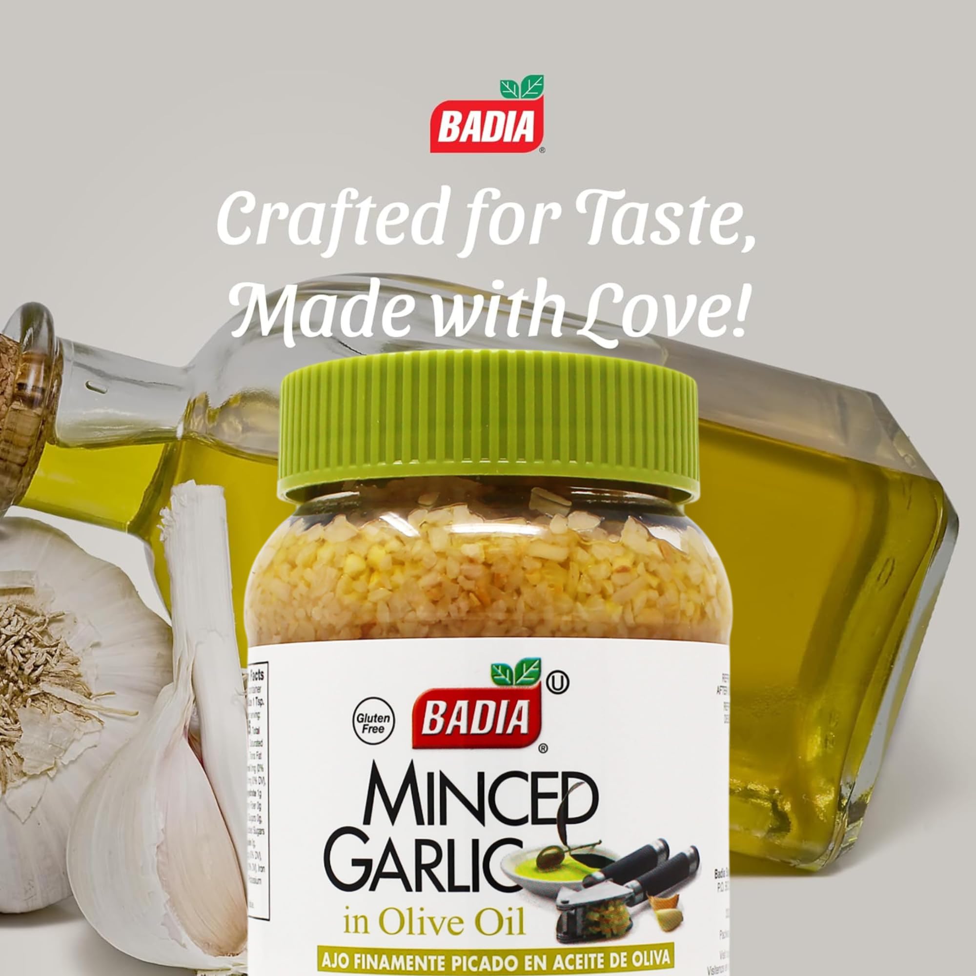Badia minced garlic in olive oil dressing being whisked into salad.