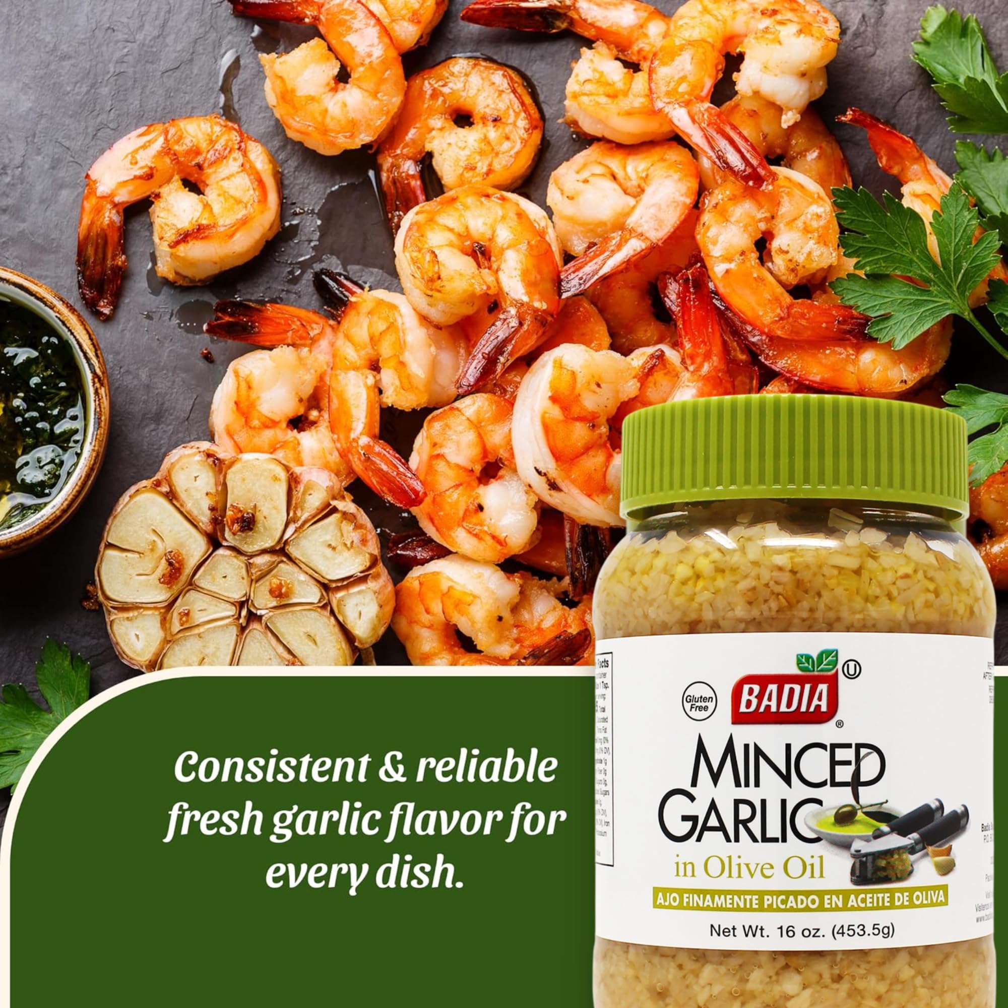 Badia minced garlic in olive oil glass jar on kitchen shelf for easy access.