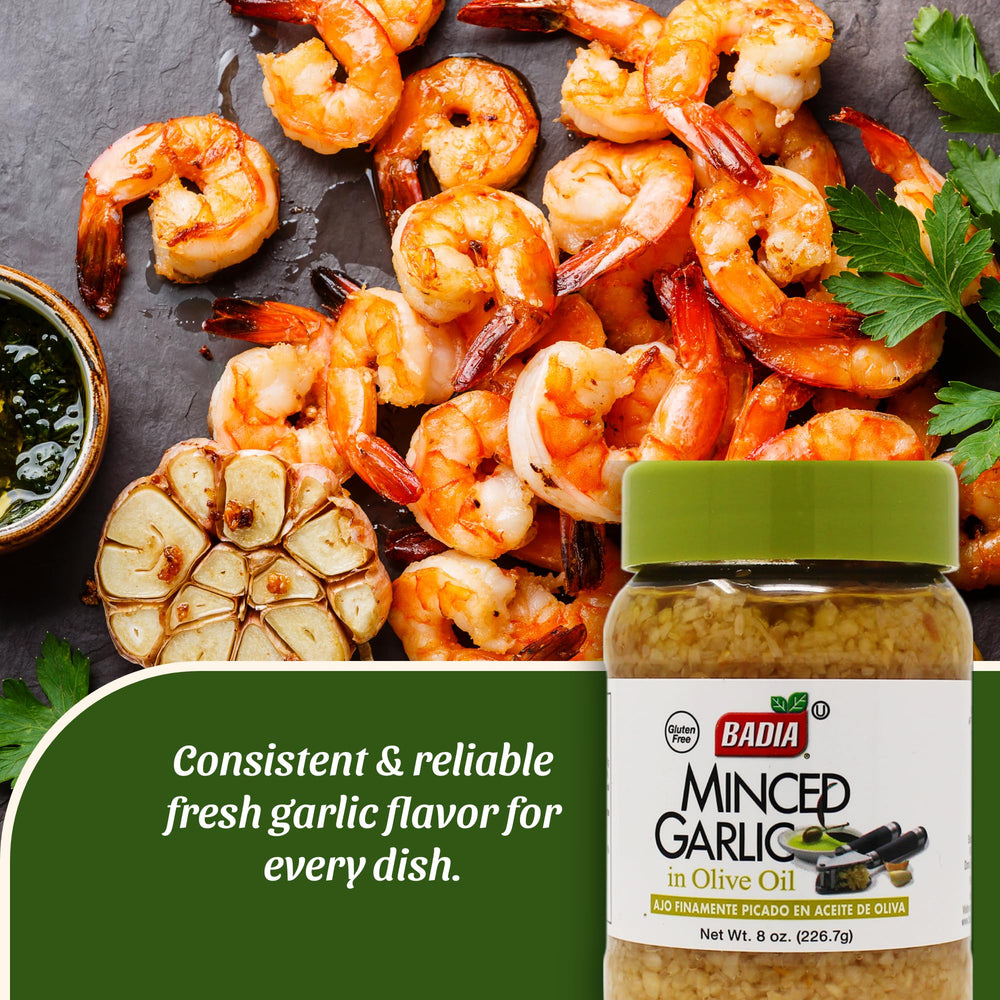 Badia minced garlic in olive oil jar label front highlights convenience and freshness.