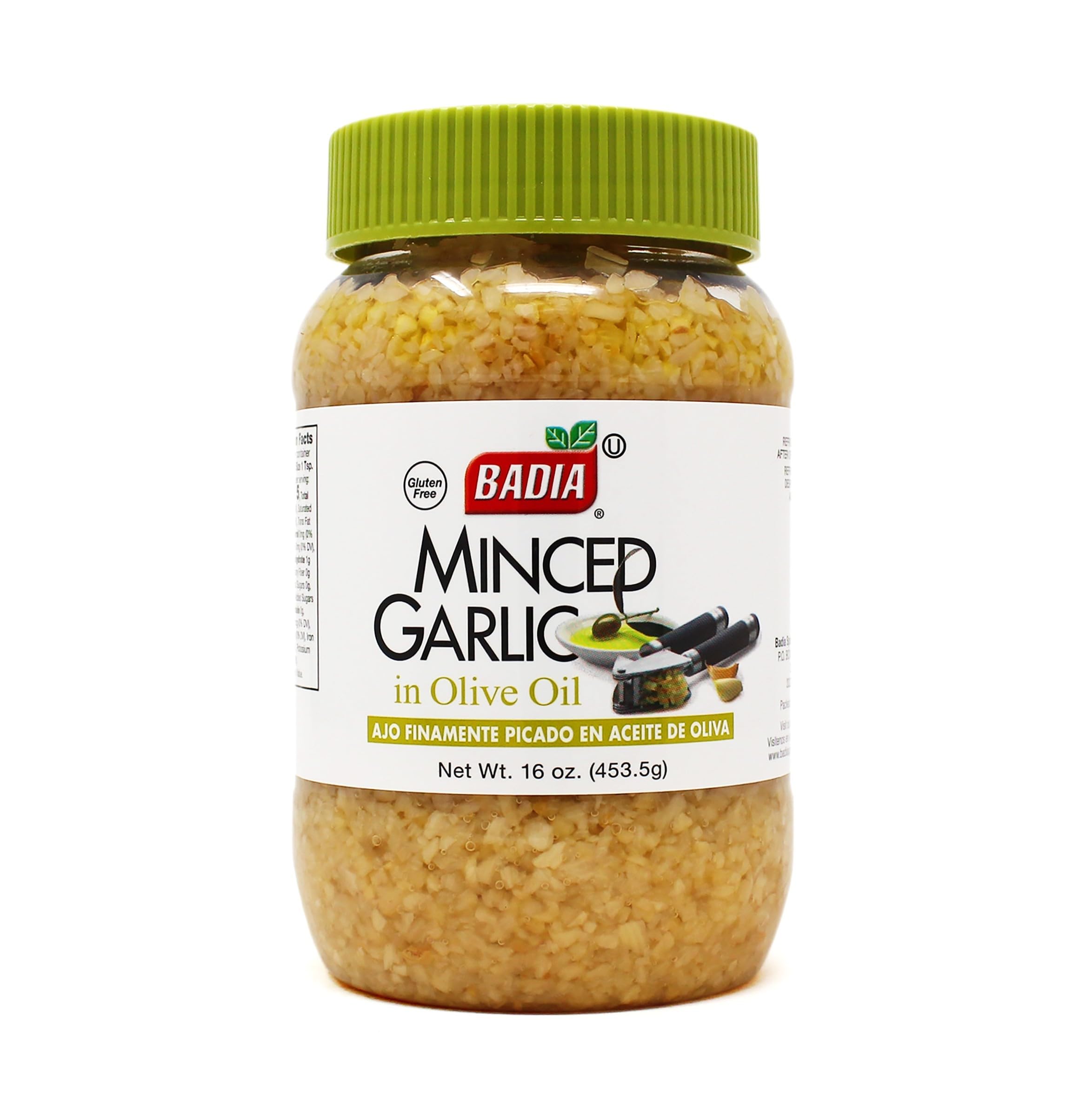 Badia minced garlic in olive oil jar open, ready for quick sauté.
