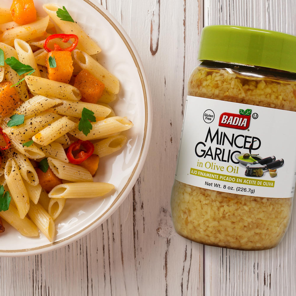 Sizzle of Badia minced garlic in olive oil in a pan.
